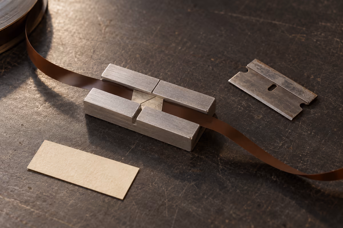 Illustrated tape and cutting tool on a splice bench